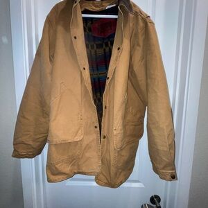 Vintage Woolrich Tan Barn Yard Coat with Aztec lining and leather collar